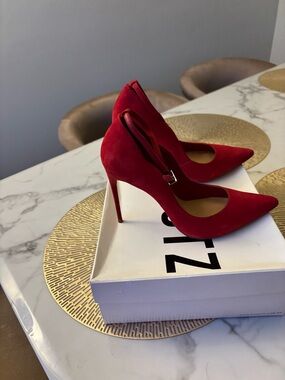 SCHUTZ Red Suede Pointed-Toe Stiletto Pumps with removable Ankle Strap